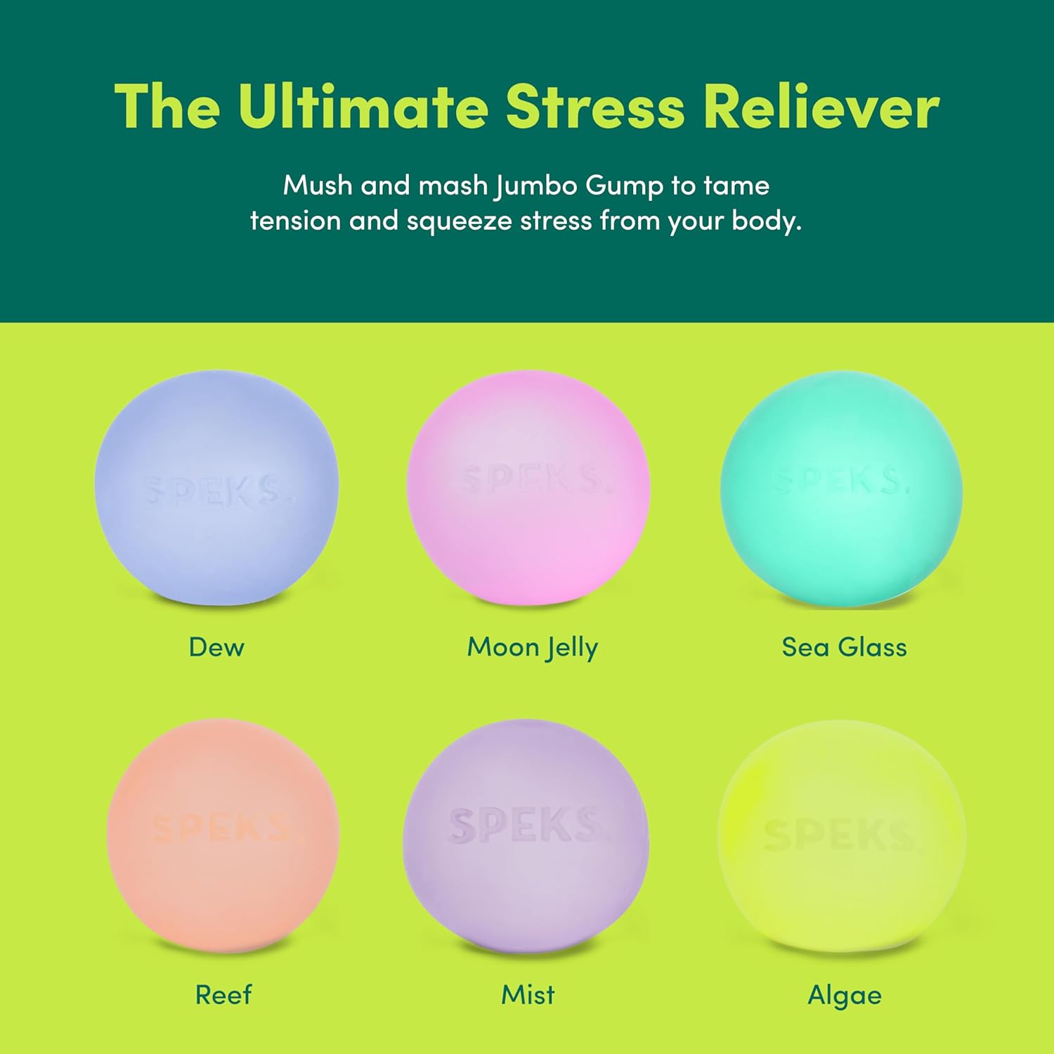 Speks Gump Jumbo large memory gel stress ball desk fidget toy colours info