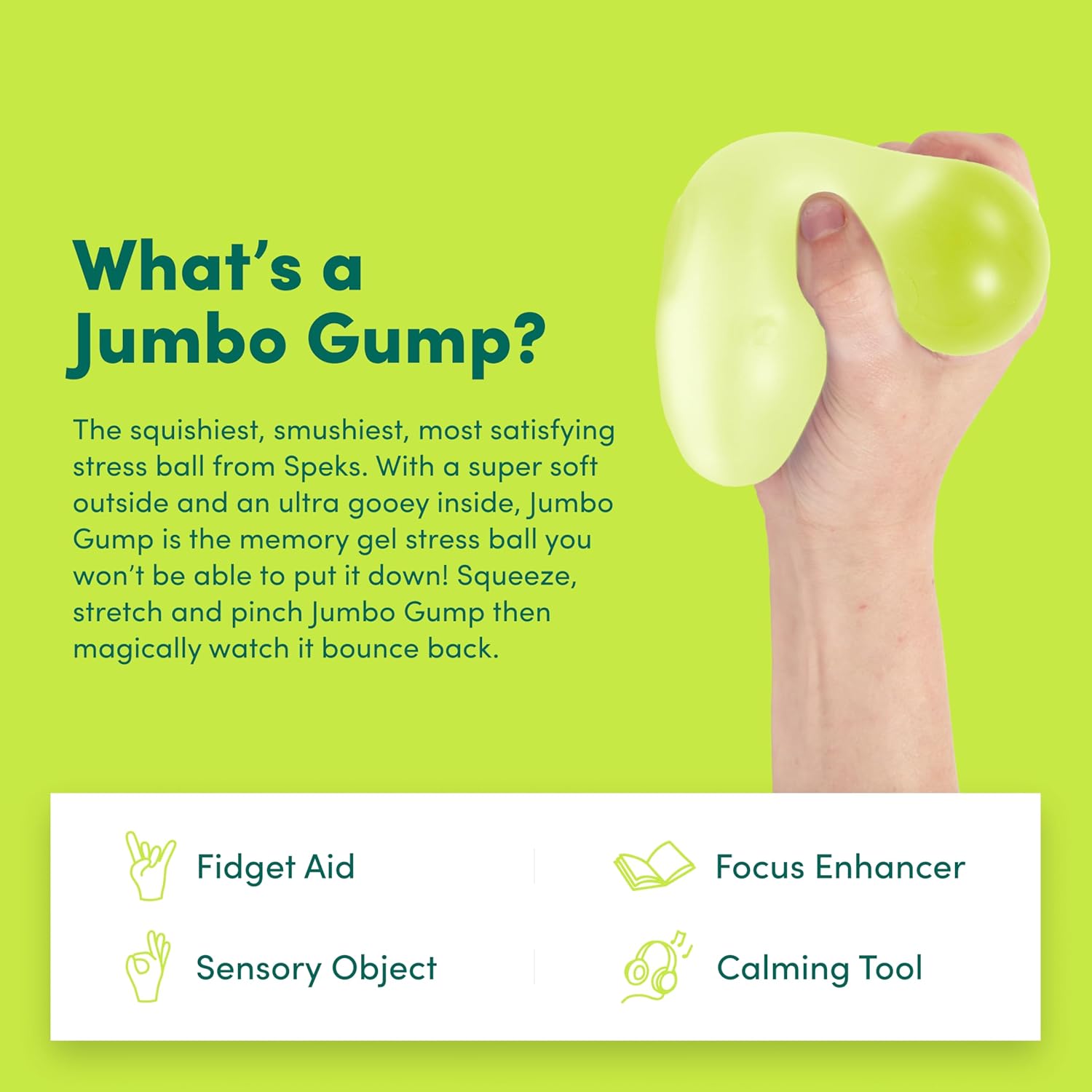 Speks Gump Jumbo large memory gel stress ball desk fidget toy info